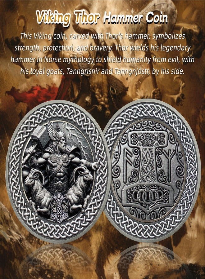 IELCJJ Viking Thor Hammer Coin - Viking Runes Mjolnir Coin Token - Tanngrisnir Tanngnjóstr Norse Mythology Protective Talisman Amulet Medallions - Powerful Viking Gifts for Men Women Kids - Image 2